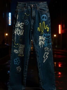 Women’s Dark Blue Graffiti-Print Jeans